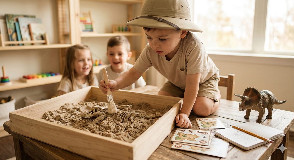 Kind auf Dinosaurier-Expedition mit Safari-Hut