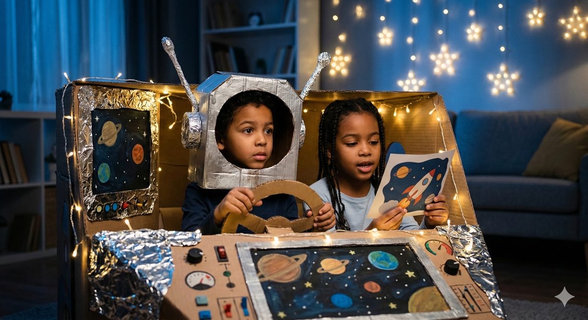 Kinder in Karton-Raumschiff auf Weltraummission