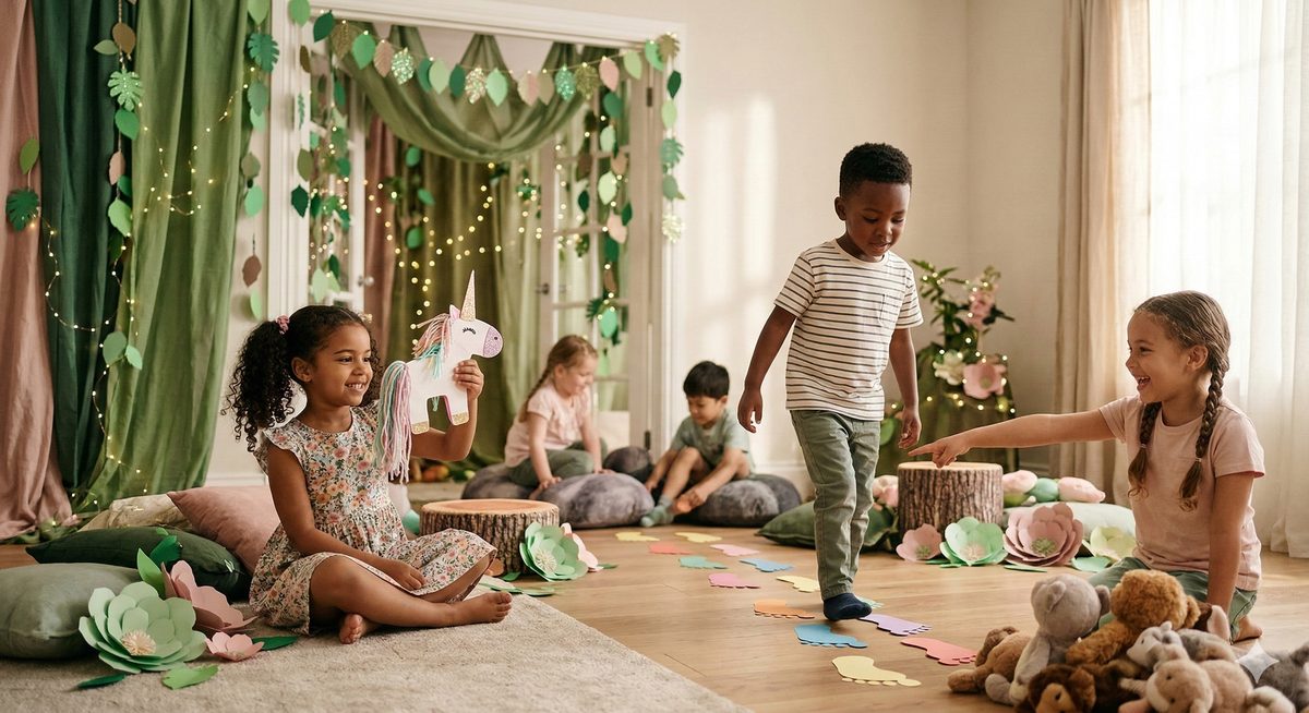 Kinder spielen im verwunschenen Zauberwald