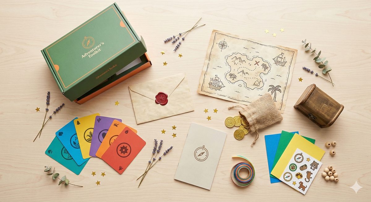 WonderQuest Box Inhalt Flatlay — Missions-Karten, Schatzkarte, versiegelter Brief, Bastelmaterial, Goldmuenzen
