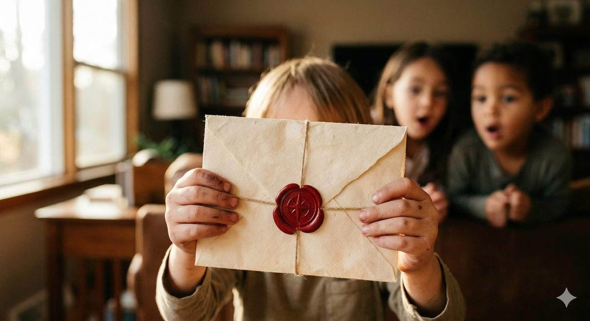 Kind hält versiegelten Abenteuerbrief hoch, andere Kinder staunen