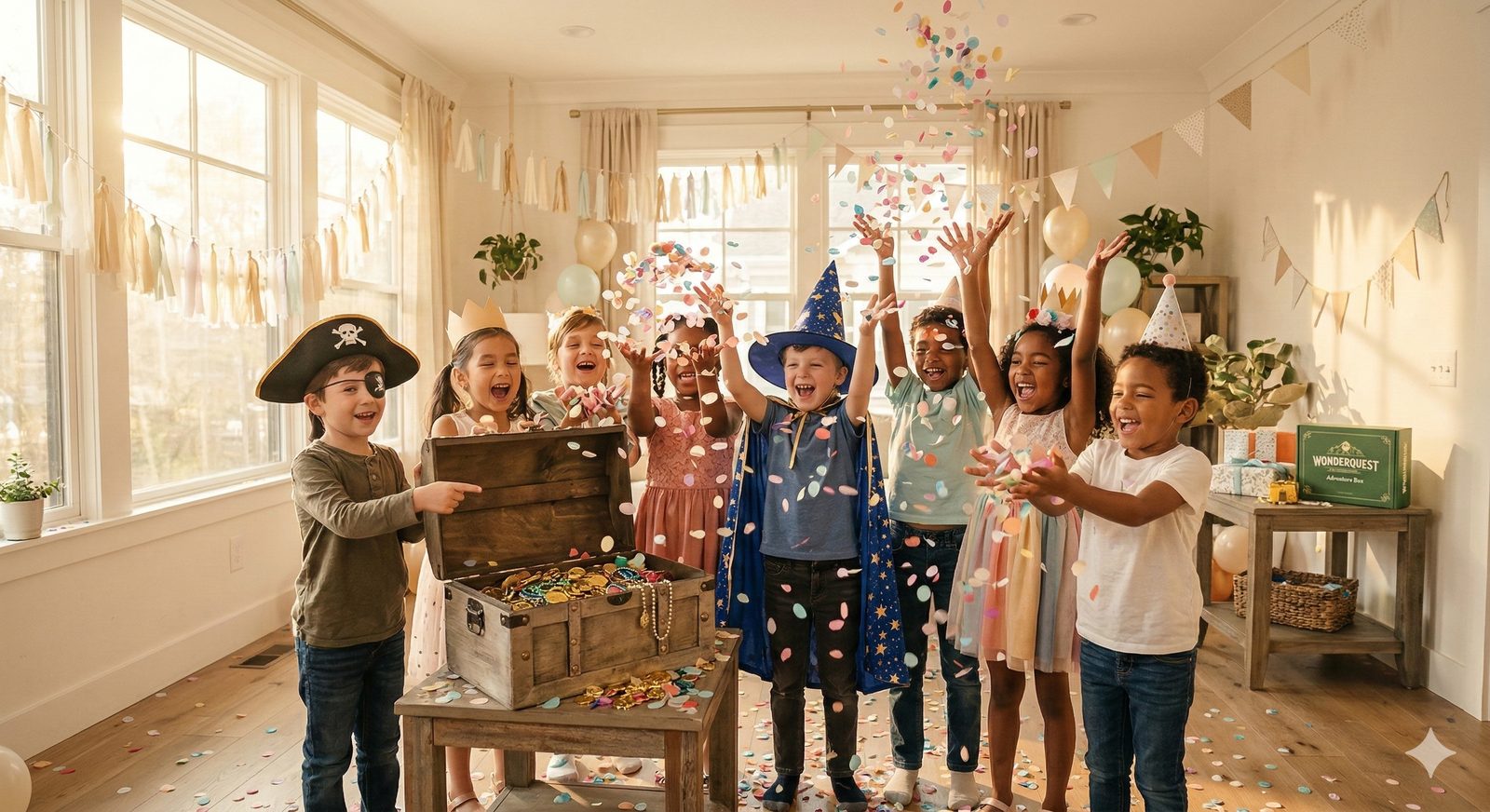 Kinder feiern nach der Schatzsuche mit Konfetti
