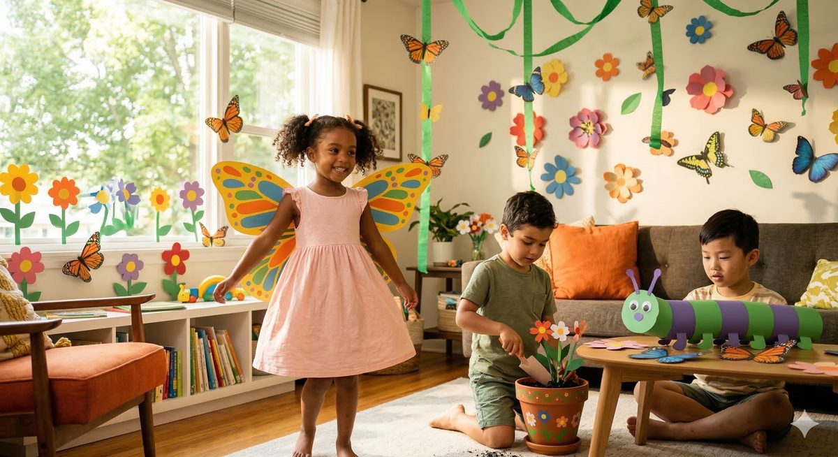 Kinder im Schmetterlings-Garten